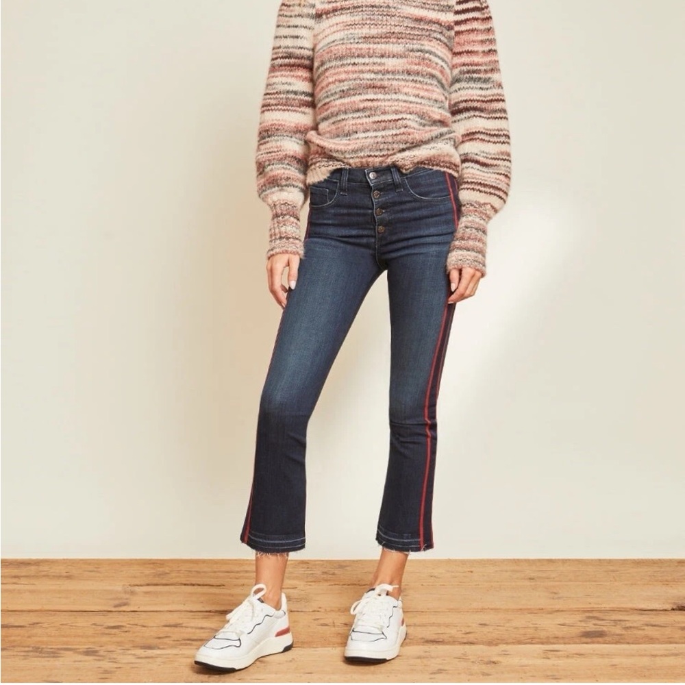 Veronica Beard Carolyn Baby Boot Jeans in Midnight Fray with Navy & Red